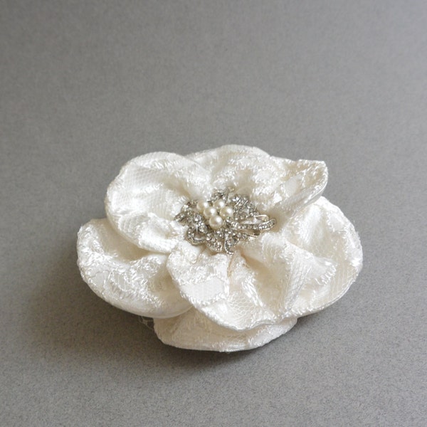 bridal hair flower, ivory flower, ivory lace flower, wedding hair accessory, fabric hair accessories