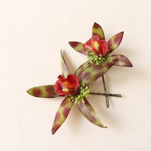 Orchid hair clip set of two, tropical flower hair pins, colorful bridesmaid bobby pins, beach wedding hair, romantic hair accessory