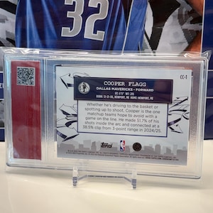 May include: A basketball card featuring Cooper Flagg of the Dallas Mavericks, encased in a protective sleeve. The card details player stats, including height, weight, and shooting percentages. A Dallas Mavericks jersey is visible in the background.
