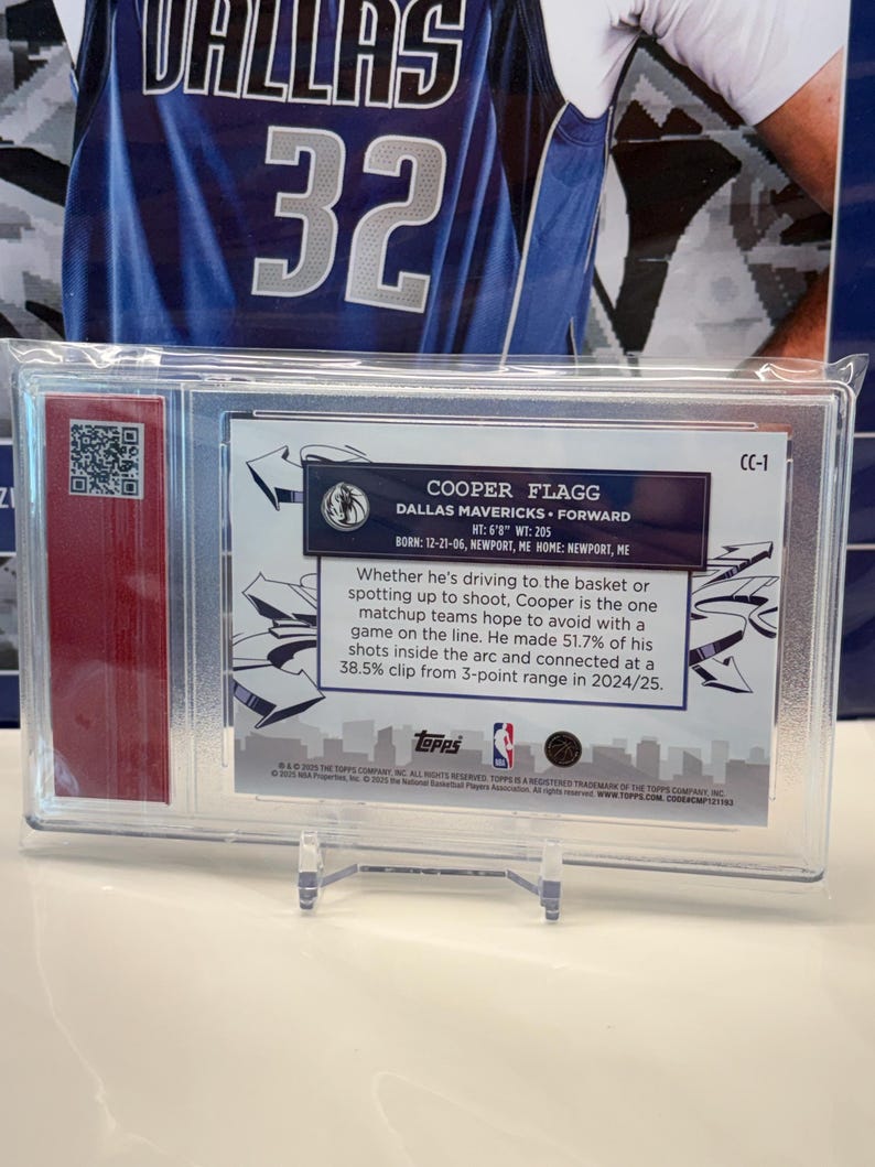 May include: A basketball card featuring Cooper Flagg of the Dallas Mavericks, encased in a protective sleeve. The card details player stats, including height, weight, and shooting percentages. A Dallas Mavericks jersey is visible in the background.
