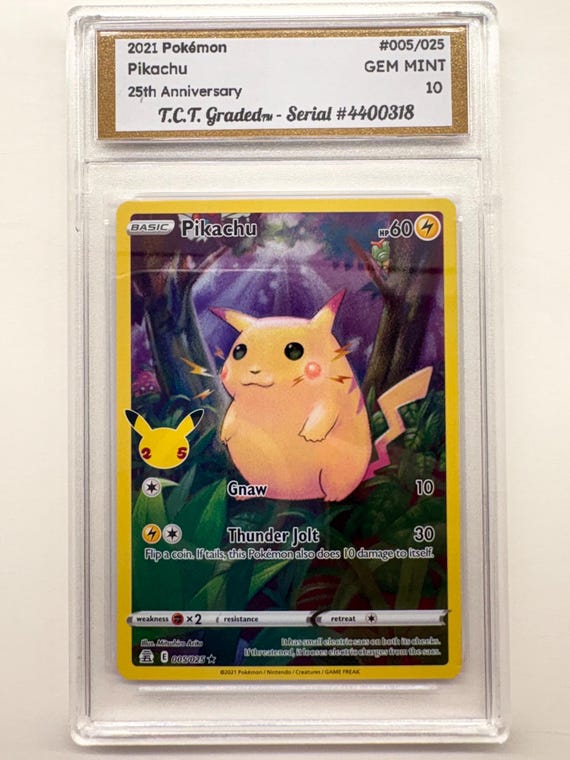 graded pikachu cards Authentic 2021 Pokémon #005/025 Pikachu 25th Anniversary TCT Graded Gem  Mint 10 card stand included