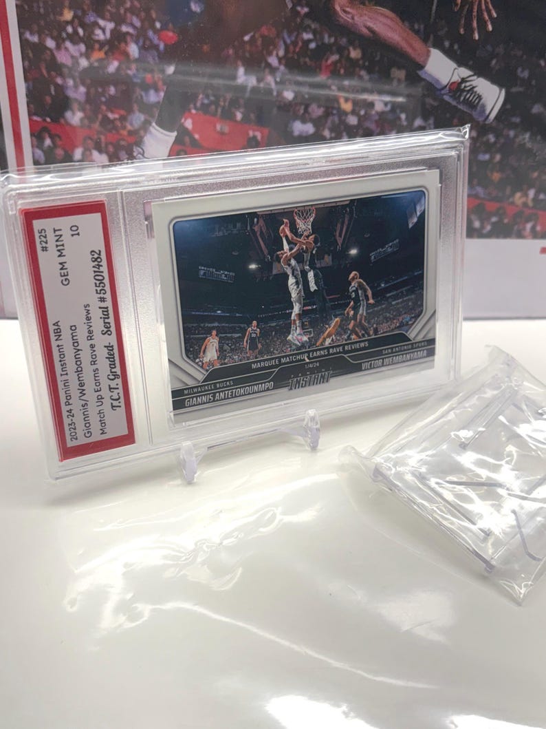 Victor Wembanyama VS Giannis Rookie Card 2023-24 Panini Instant NBA #225 TCT Graded Gem Mint 10 card stand included image 1