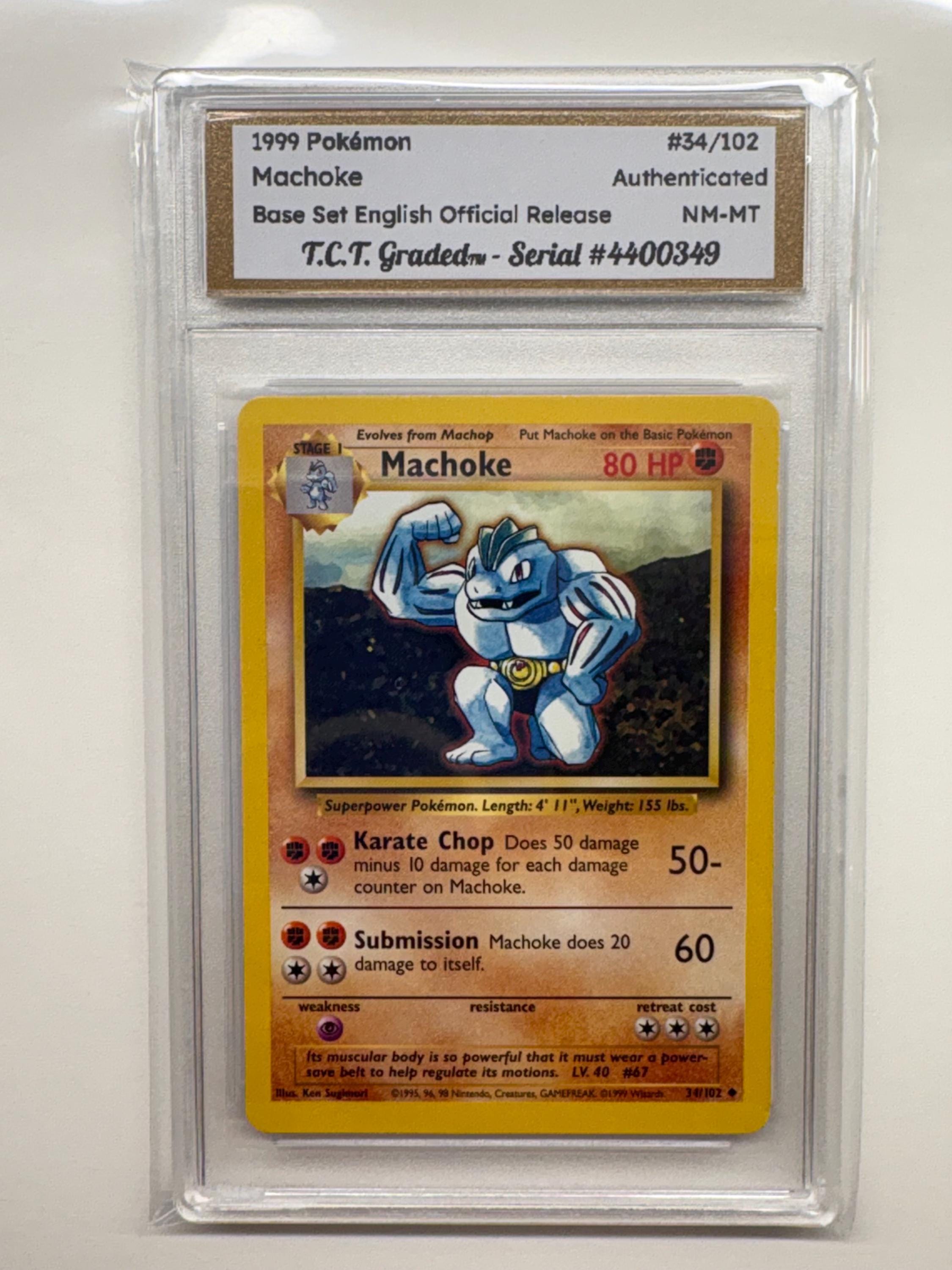 Authenticed 1999 Pokmon #34/102 Machoke Base Set English Official Release  TCT Graded NM-MT