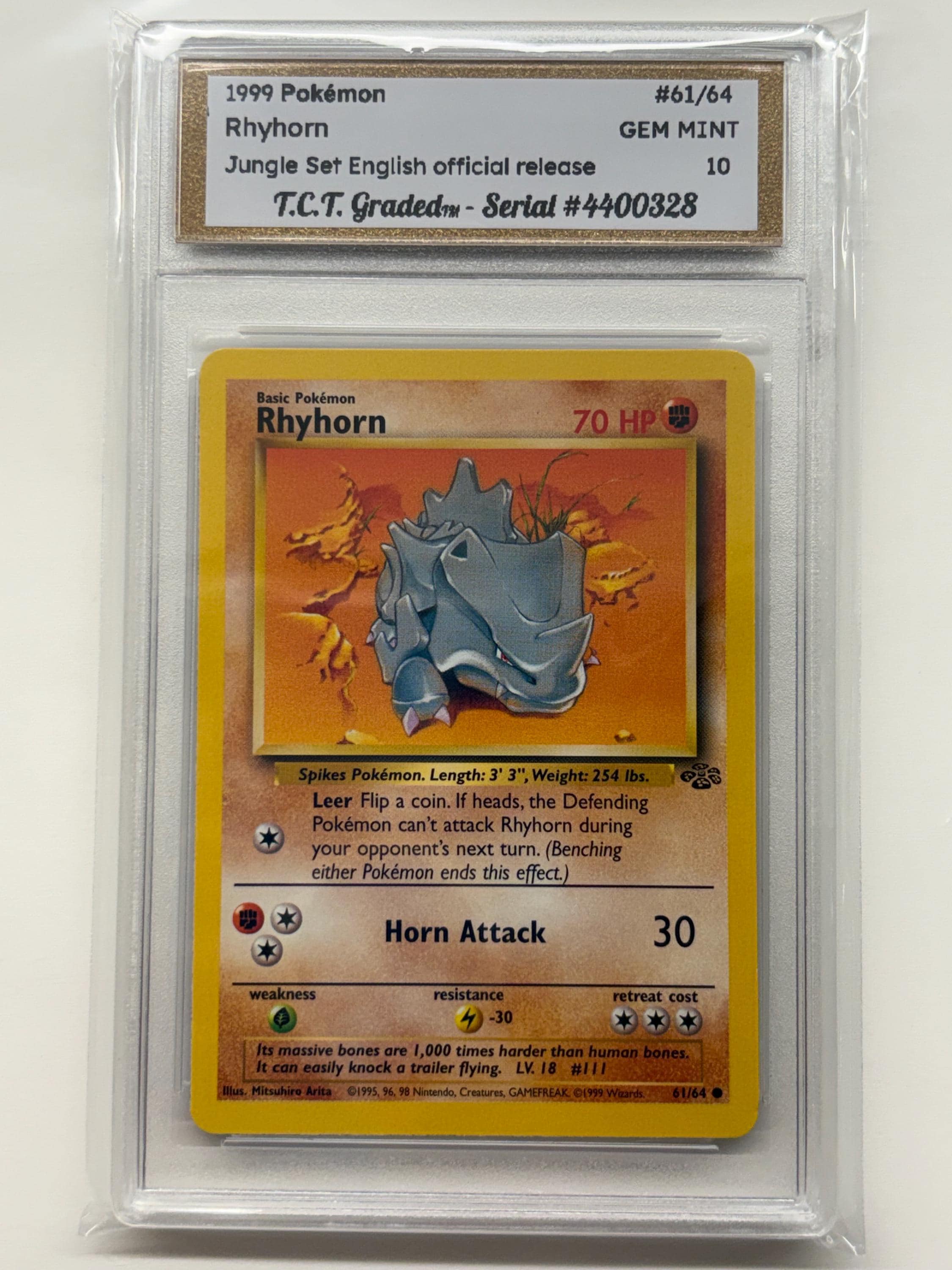 pokemon card rhyhorn Authenticed 1999 Pokémon #61/64 Rhyhorn Jungle Set English Official Release  TCT Graded Gem Mint 10