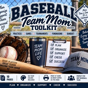 May include: A baseball team mom toolkit featuring a dark blue tumbler with the text Team Mom Life, a wooden baseball bat with engraved text, a baseball glove with a ball, a clipboard with a checklist, and a gray baseball cap with Team Mom text.