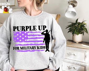 Purple Up For The Military Child T-Shirt, Month of Military Child Shirt, Army Soldier Kids Gift, Boots US Flag Shirt, Purple USA Flag Shirt