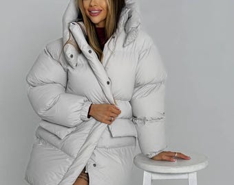 Gray Oversized Hooded Puffer Coat – Waterproof Eco Down Winter Jacket, Women Puffer, Oversize Puffer Jacket, Custom Jacket, Puffer Coat