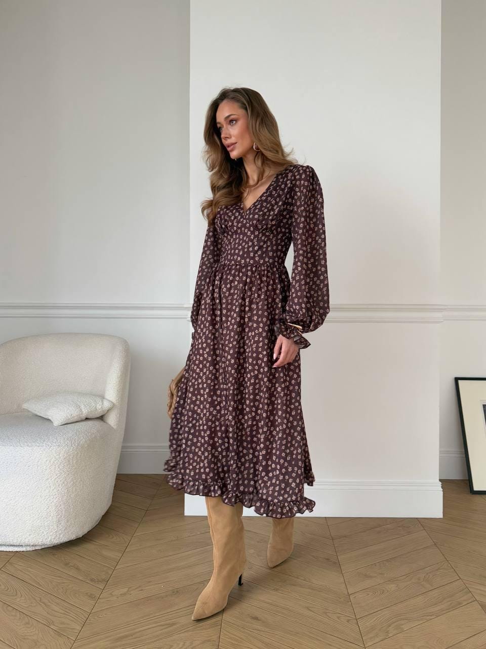 Brown Chiffon Midi Dress, Floral Pleated Bohemian Evening Gown Brown Chiffon Midi Dress, Floral Pleated Bohemian Evening Gown