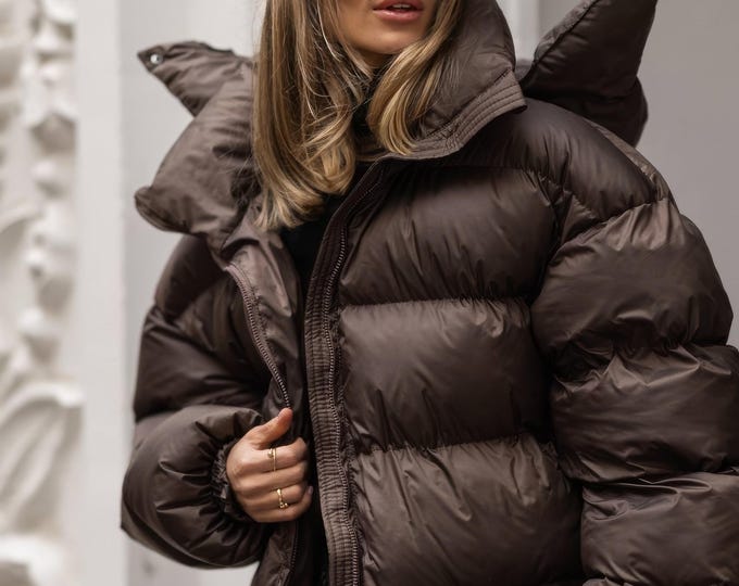 Custom Jacket, Oversize Puffer Coat, Womens Puffer, Long Vintage Jacket, Streetwear, Outerwear, Brown Puffer, Winter Style, High Fashion,Top