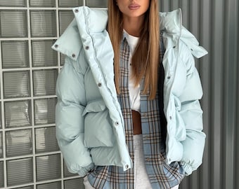 Blue Oversized Puffer Jacket, Long Waterproof Winter Coat with Hood, Custom Jacket, Long Puffer Coat