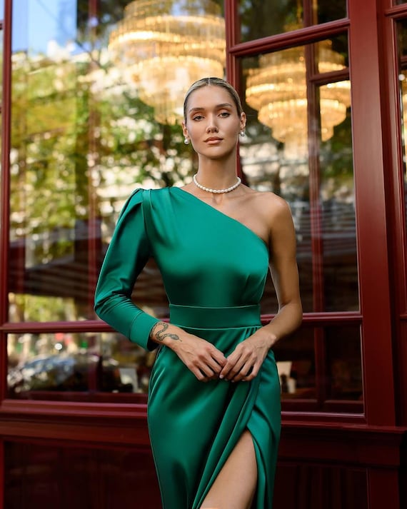 green satin one shoulder dress Keylows Green Mini One Shoulder Dress Cut Out main image 1