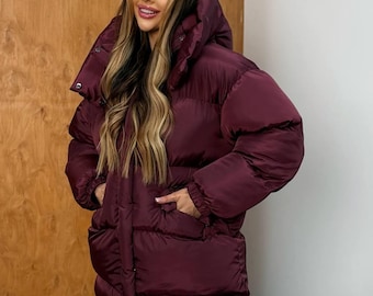 Womens Waterproof Puffer Coat, Removable Hood, Oversized Fit