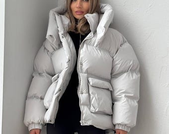 Grey Quilted Puffer Jacket Women: Hooded Winter Warm Outerwear, Custom Jacket, Long Puffer Coat