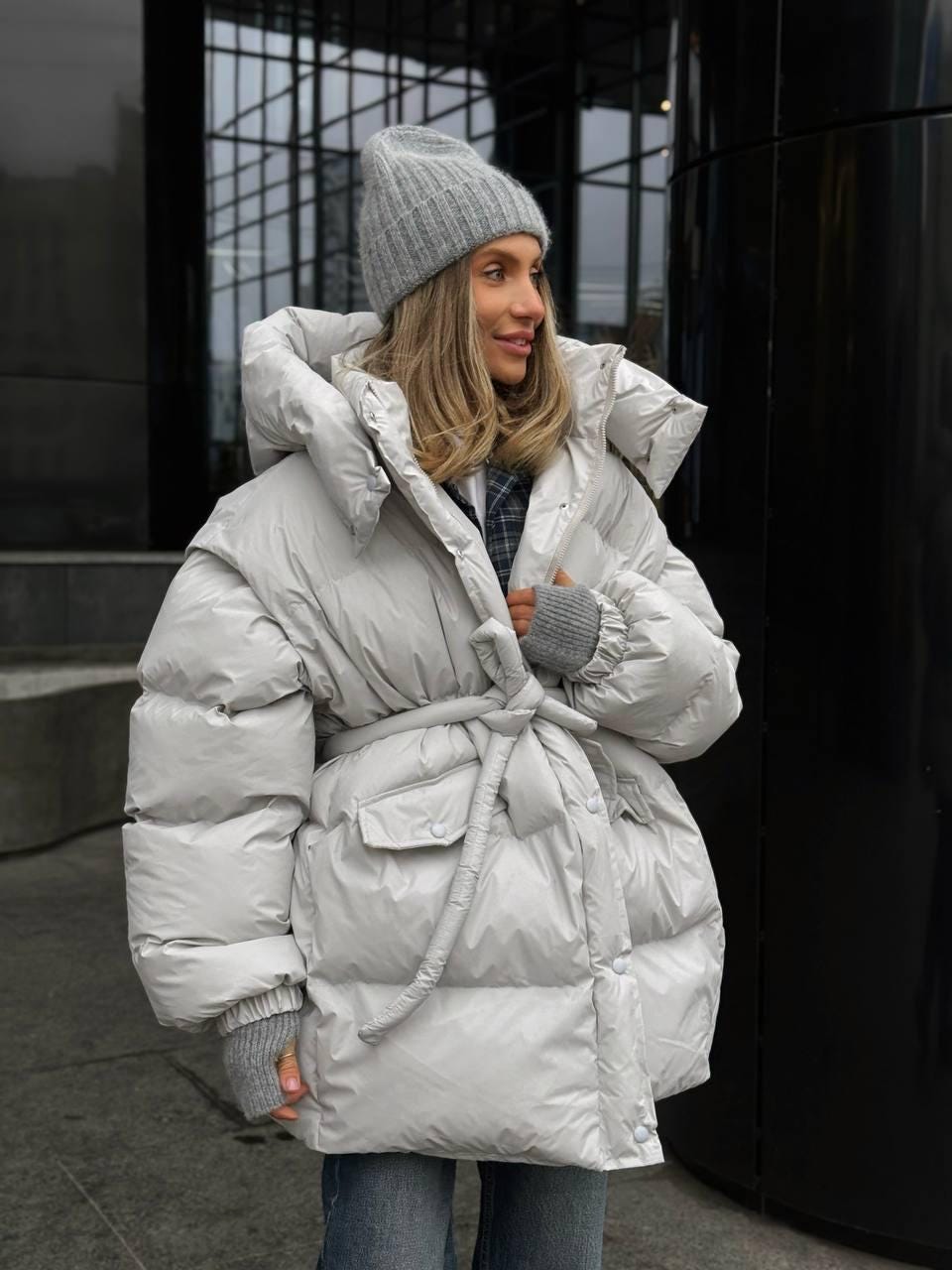 White Oversized Puffer Jacket – Eco Down Winter Coat With Belt