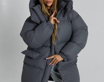 Abrigo acolchado gris para mujer, chaqueta de invierno larga con capucha