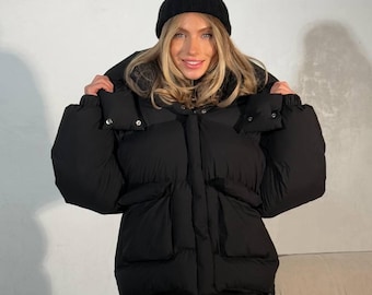 Black puffer jacket women, short winter coat, warm outerwear, streetwear, puffer coat, custom jacket Long Puffer Coat