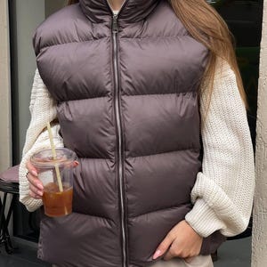 Può includere: Un giubbotto imbottito marrone con chiusura a zip. Il giubbotto ha un collo alto ed è trapuntato con linee orizzontali.