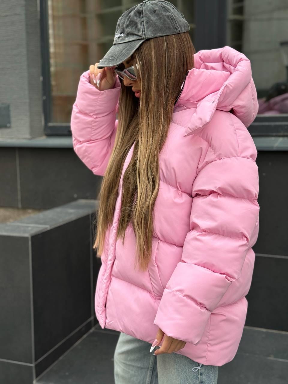 オーバーサイズロングパファーコート、冬用マキシジャケット、ピンク