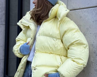 Lemon Yellow Cropped Puffer Jacket: Eco-down Winter Coat - Etsy