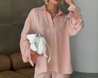 ピンクのリネンスーツ レディース、リラックスフィット パラッツォパンツセット