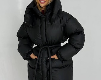 Oversized Black Puffer Coat, Hooded Quilted Down Jacket