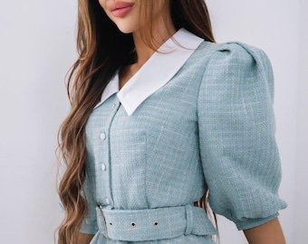 Belted Tweed Dress: Elegant Evening Gown with White Collar