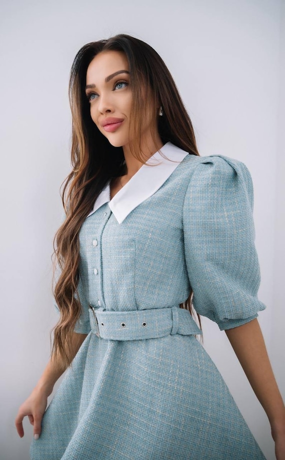 tweed evening dress Suzannah London | Lucy Fit & Flare Dress in Metallic Navy Tweed | Formal Dresses main image 0