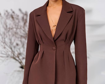 Traje de pantalón de crepé marrón: Conjunto de blazer y pantalón largo para mujer