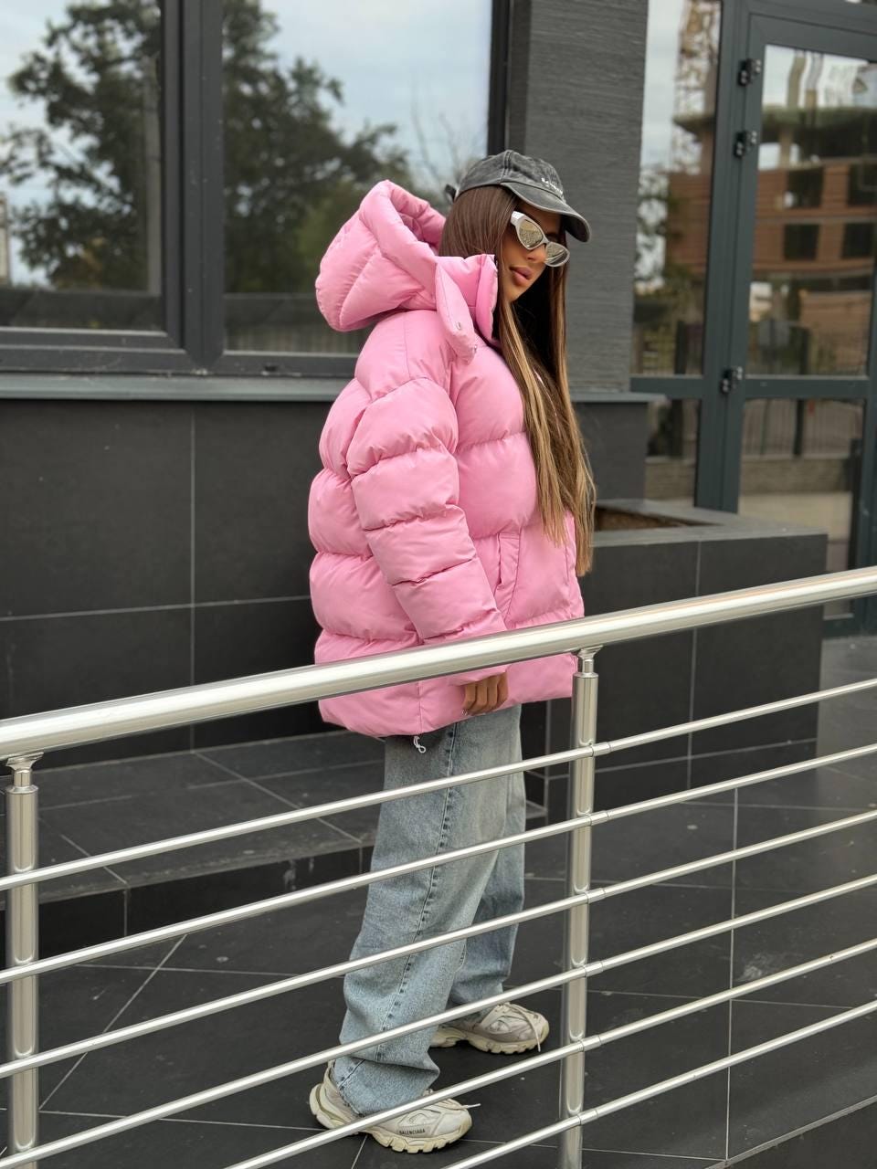 オーバーサイズロングパファーコート、冬用マキシジャケット、ピンク