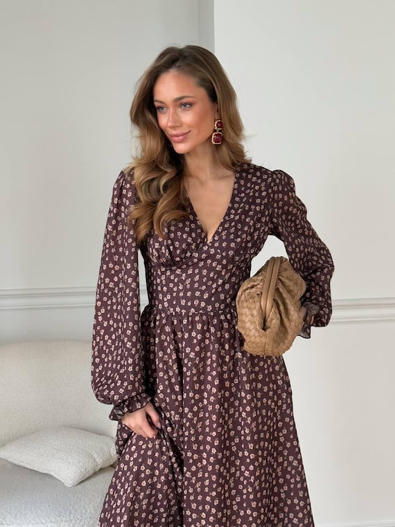 Brown Chiffon Midi Dress, Floral Pleated Bohemian Evening Gown