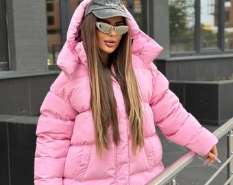 オーバーサイズロングパファーコート、冬用マキシジャケット、ピンク