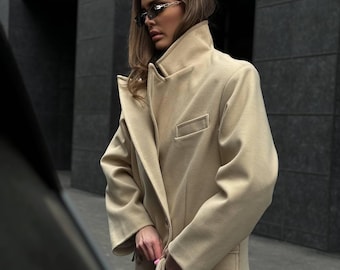 Blend Long Trench Coat, Belted Oversize Wool Jacket