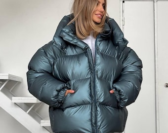 Blue glossy puffer jacket, Boho, Long Coat, winter coat women, Custom Jacket, Puffer Coat, Oversize Puffer, Vintage Jacket