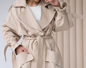 Oversized Cotton Trench Coat, Women's Belted Raincoat, Spring Style Duster