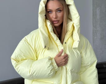 Yellow Oversized Hooded Puffer Jacket, Waterproof Down Winter Coat, Oversize Puffer Jacket, Winter Jacket, Custom Jacket, Puffer Coat
