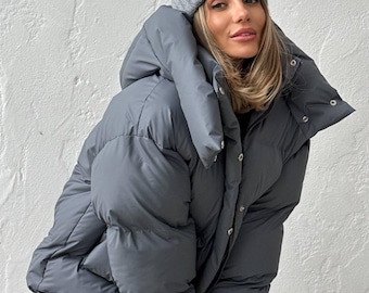 Grey Quilted Puffer Jacket Women: Hooded Winter Outerwear, Custom Jacket, Long Puffer Coat, Oversize Coat