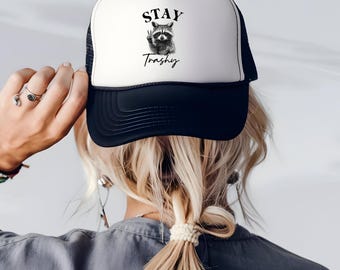 Stay Trashy, Retro Funny Graphic Trucker Hat, Racoon Hat, Meme Graphic Hat, Raccoon Lover Gift, Meme Graphic Trucker Hat, Funny Gag Gifts