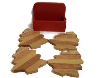 Christmas Tree Coaster Set  With Red Holder, Handcrafted from Mixed Hardwoods