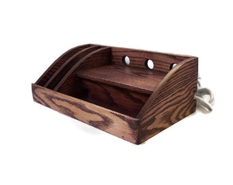 Oak Charging Station with Slots, USB Surge Protector