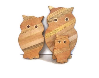 Owl Wood Cutting Board Set (Set of 3) Handcrafted from Mixed Hardwoods
