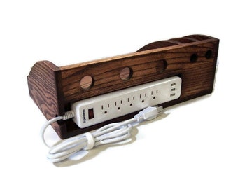 Oak Charging Station with Slots, USB Surge Protector