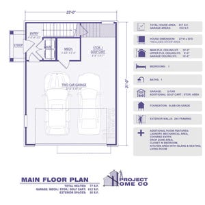 Op de afbeelding: Gedetailleerde plattegrond met afmetingen in voet en inches. Kenmerken zijn een garage voor twee auto's, opslag, wasruimte en een keuken. Het plan toont ook de totale oppervlakte van het huis, garage-oppervlakken en extra kamers.