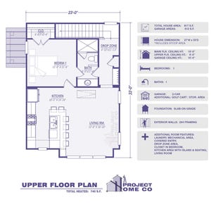 Op de afbeelding: Een gedetailleerde plattegrond van de bovenverdieping in blauw en wit, met een huisindeling met afmetingen. Kenmerken zijn een slaapkamer, keuken, woonkamer en badkamer. Tekst geeft de totale verwarmde oppervlakte en extra kamerkenmerken aan.