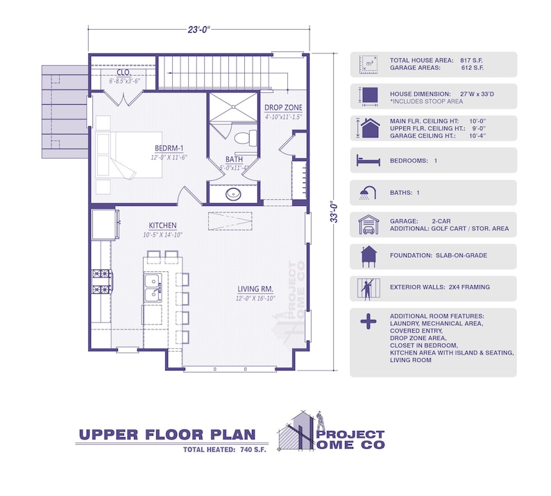 Op de afbeelding: Een gedetailleerde plattegrond van de bovenverdieping in blauw en wit, met een huisindeling met afmetingen. Kenmerken zijn een slaapkamer, keuken, woonkamer en badkamer. Tekst geeft de totale verwarmde oppervlakte en extra kamerkenmerken aan.
