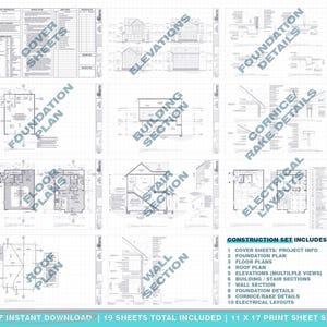 Op de afbeelding: Een constructieset met architectonische blauwdrukken, inclusief omslagbladen, funderingsplannen, plattegronden, dakplannen, aanzichten, gebouwdoorsneden, wandsecties en elektrische lay-outs. De set bevat 19 vellen, formaat 28 x 43 cm.