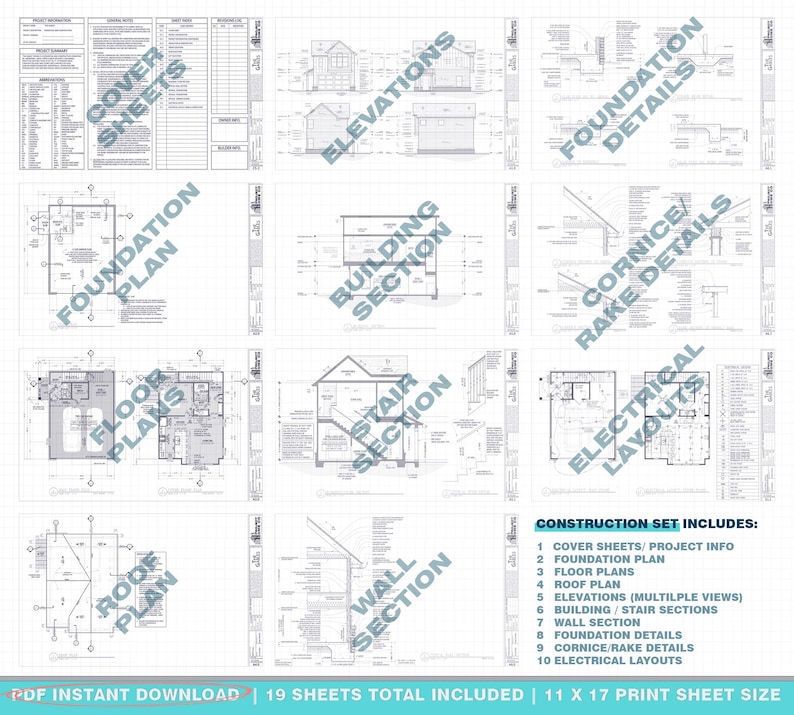 Op de afbeelding: Een constructieset met architectonische blauwdrukken, inclusief omslagbladen, funderingsplannen, plattegronden, dakplannen, aanzichten, gebouwdoorsneden, wandsecties en elektrische lay-outs. De set bevat 19 vellen, formaat 28 x 43 cm.