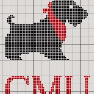 May include: Black and red pixel art of a Scottish terrier wearing a red bow tie with the letters "CMU" in red below.