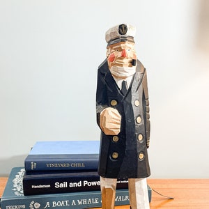 12&quot; Mid-Century Nautical Wooden Salt Sailor — Hand-carved, Wood Sea Captain Statue, Coastal Decor