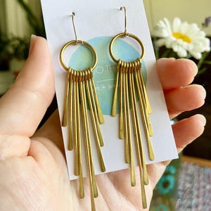Long brass tassel drop earrings - boho - gift for mom - flower child - hippie - gardener - long earrings - free shipping - made in Canada