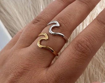 18K Gold Plated Wave Open Ring | Minimalist Abstract Adjustable Band (Gold/Silver)